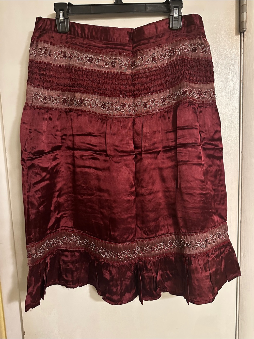Moda International Satin Embroidered Midi Skirt in Burgundy